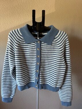 Striped Blue and White Polo-Style Button Cardigan
